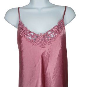 Vintage 70s Pink Rose Satin Slip Nightgown L Knee Length Lace Low Back USA Made